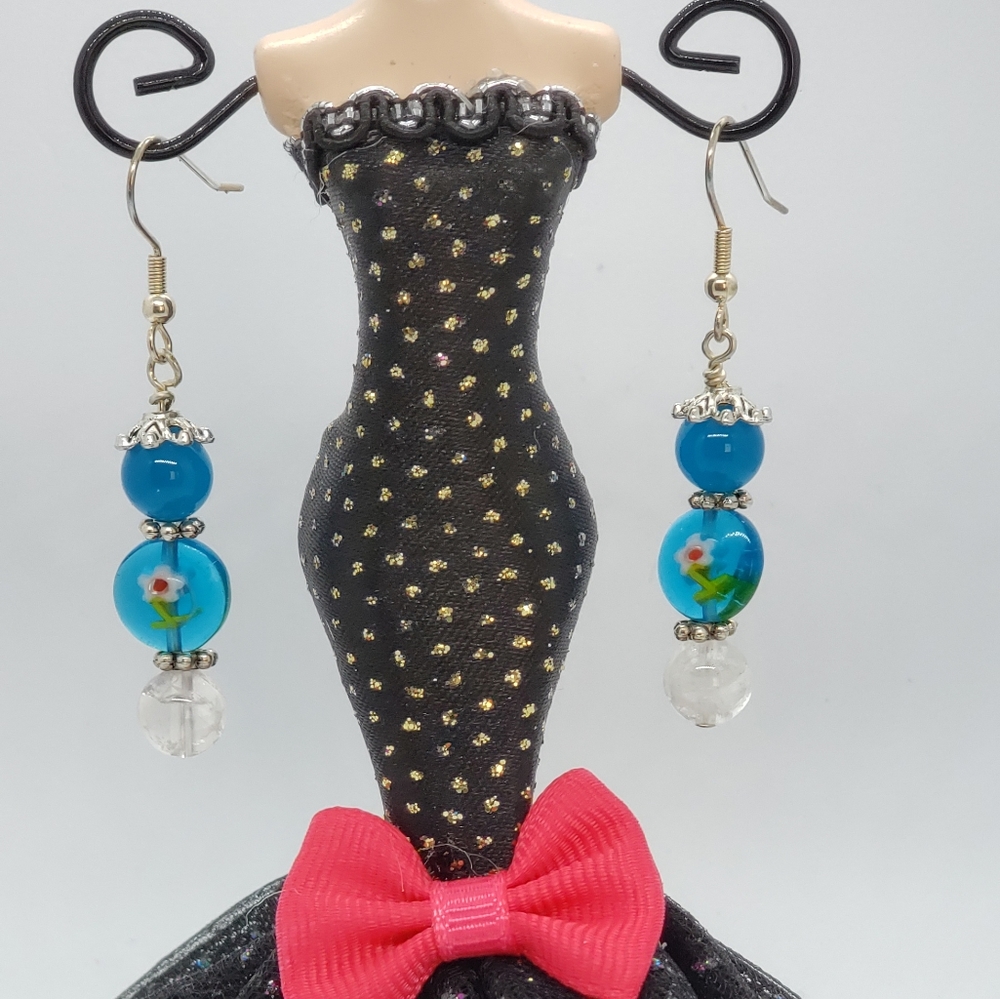 Blue Acrylic Earrings with Floral Inlay